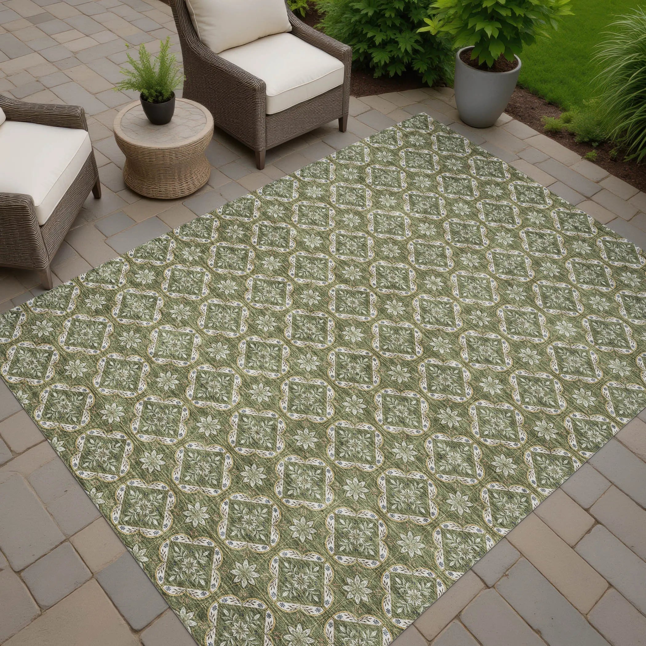 5' X 8' Olive Green And Green Geometric Washable Indoor Outdoor Area Rug Homeroots Outdoor