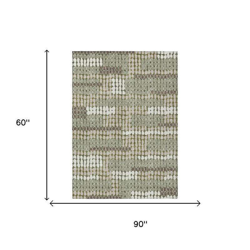 5' X 8' Olive Green And Green Geometric Washable Indoor Outdoor Area Rug Homeroots Outdoor