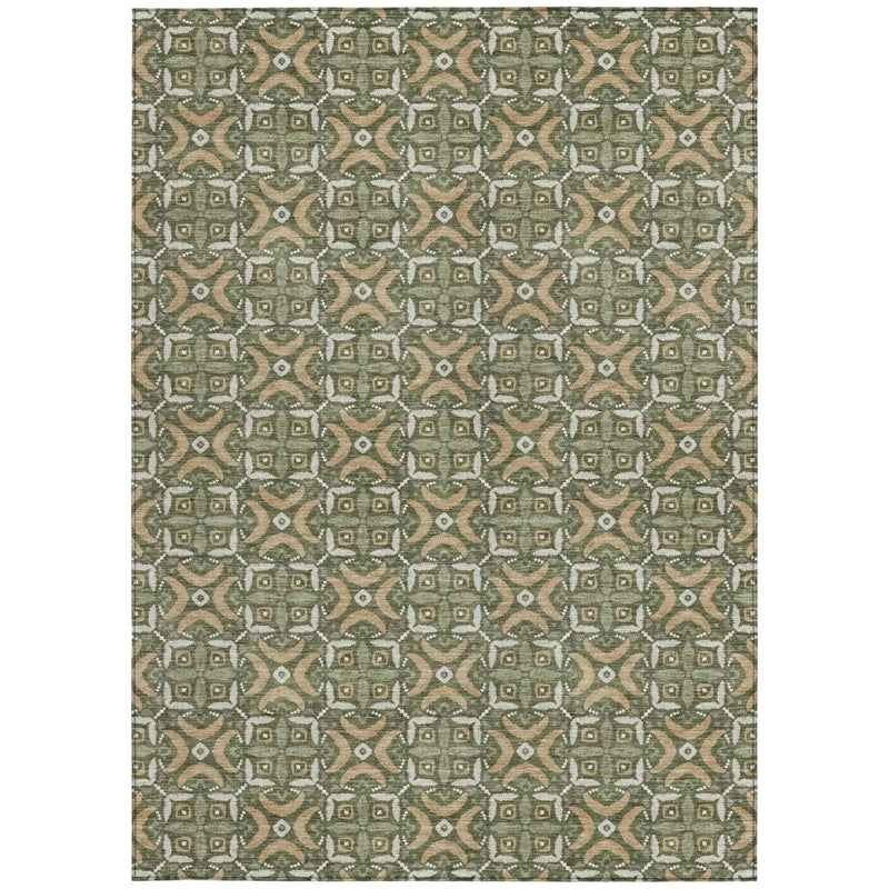 5' X 8' Olive Green And Green Geometric Washable Indoor Outdoor Area Rug Homeroots Outdoor