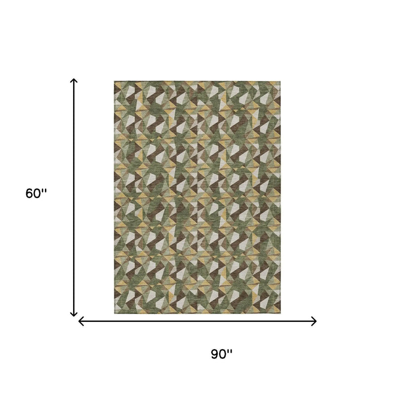 5' X 8' Olive Green And Green Geometric Washable Indoor Outdoor Area Rug Homeroots Outdoor