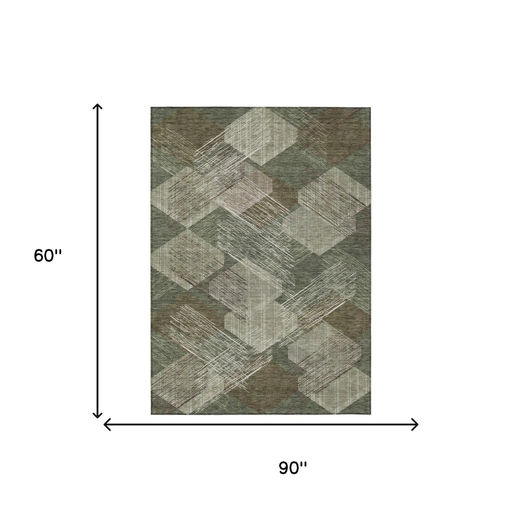 5' X 8' Olive Green And Green Geometric Washable Indoor Outdoor Area Rug Homeroots Outdoor