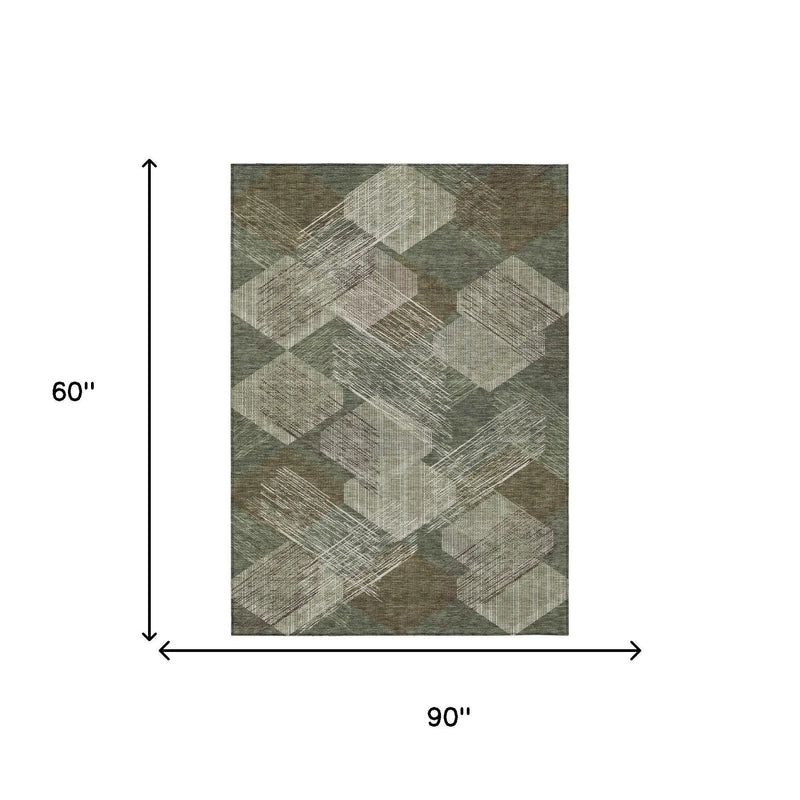 5' X 8' Olive Green And Green Geometric Washable Indoor Outdoor Area Rug Homeroots Outdoor