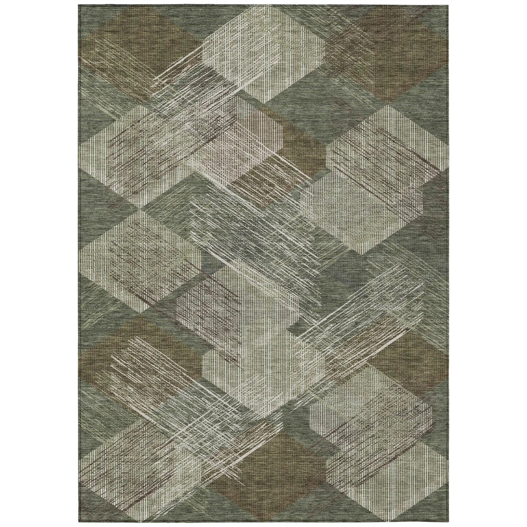 5' X 8' Olive Green And Green Geometric Washable Indoor Outdoor Area Rug Homeroots Outdoor
