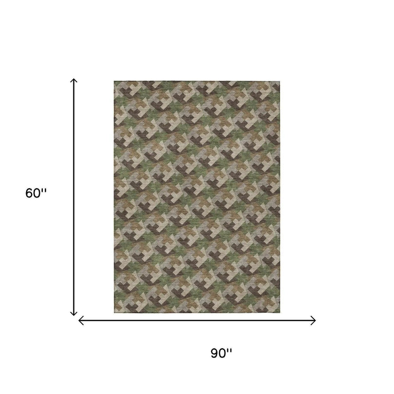 5' X 8' Olive Green And Green Geometric Washable Indoor Outdoor Area Rug Homeroots Outdoor