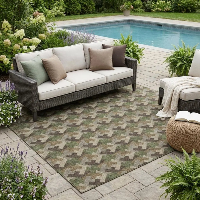 5' X 8' Olive Green And Green Geometric Washable Indoor Outdoor Area Rug Homeroots Outdoor