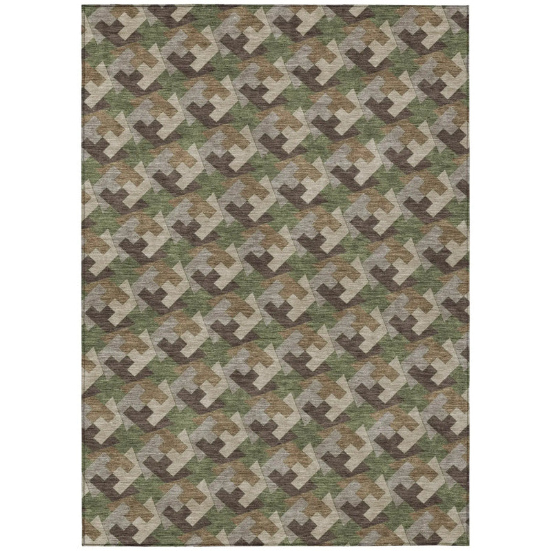 5' X 8' Olive Green And Green Geometric Washable Indoor Outdoor Area Rug Homeroots Outdoor