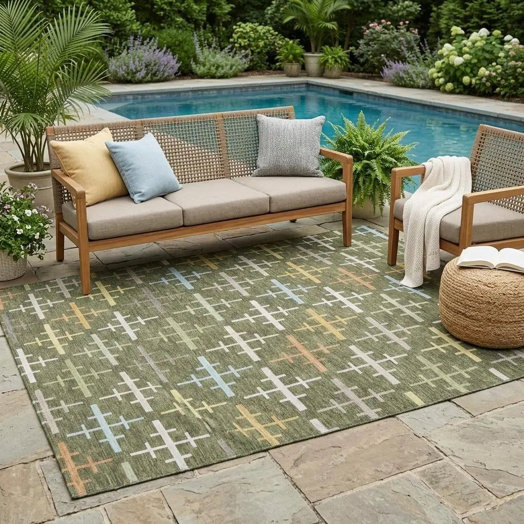 5' X 8' Olive Green And Green Geometric Washable Indoor Outdoor Area Rug Homeroots Outdoor