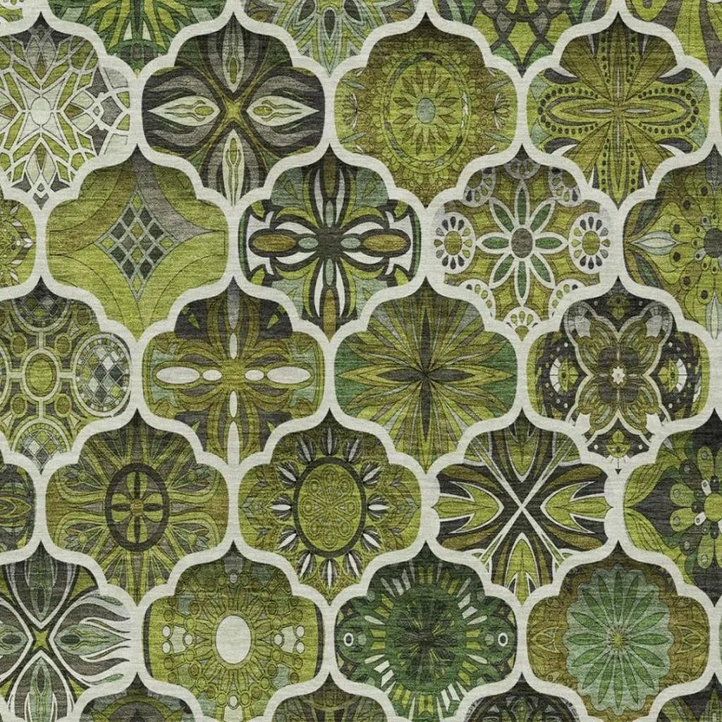 5' X 8' Olive Green And Green Ogee Washable Indoor Outdoor Area Rug Homeroots Outdoor