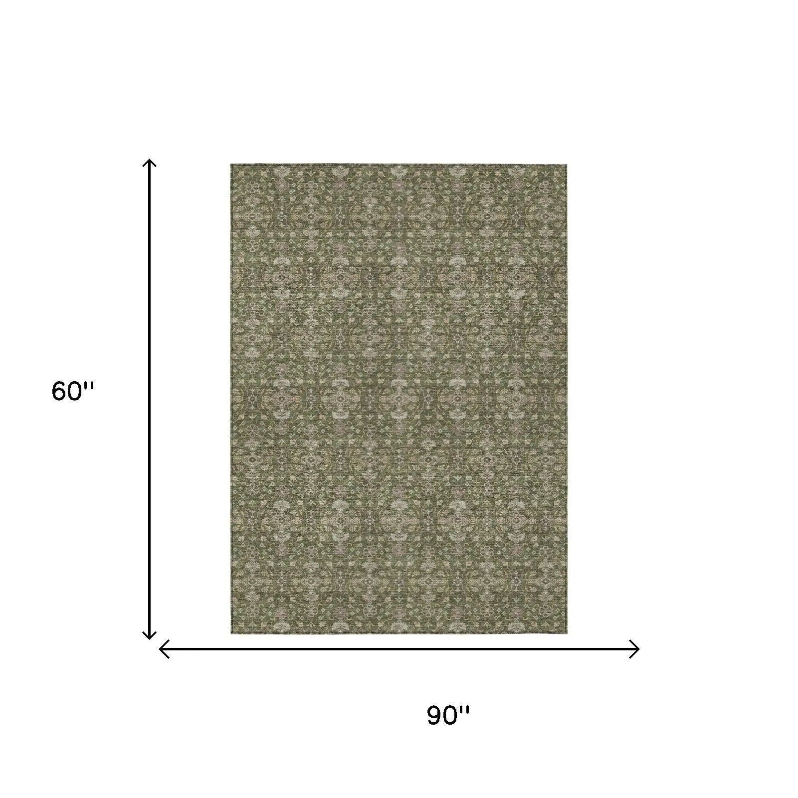 5' X 8' Olive Green And Green Oriental Washable Indoor Outdoor Area Rug Homeroots Outdoor