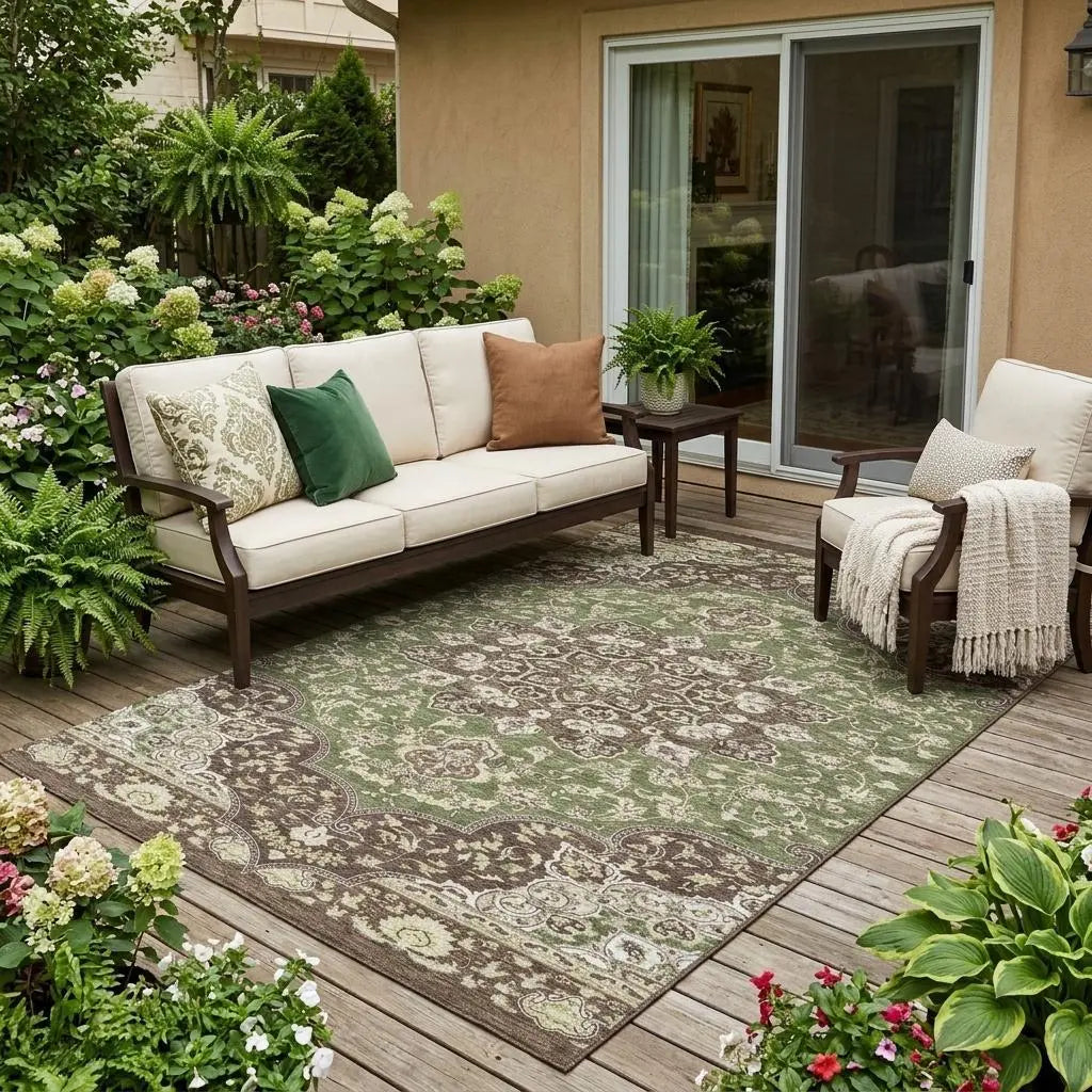 5' X 8' Olive Green And Green Oriental Washable Indoor Outdoor Area Rug Homeroots Outdoor