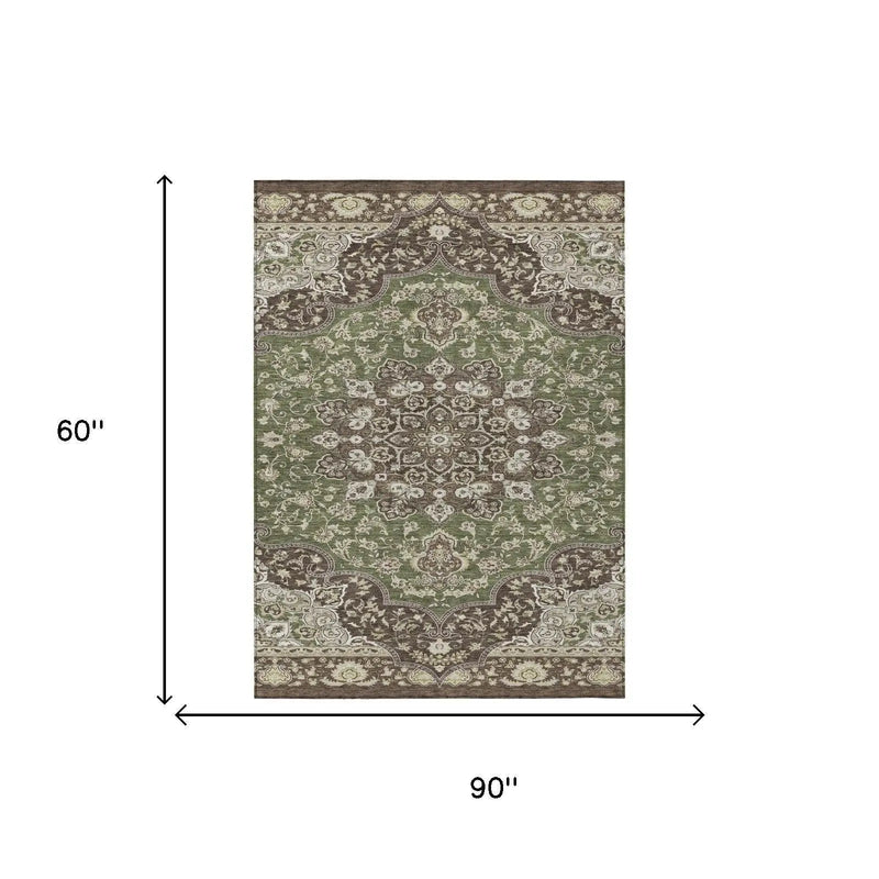 5' X 8' Olive Green And Green Oriental Washable Indoor Outdoor Area Rug Homeroots Outdoor