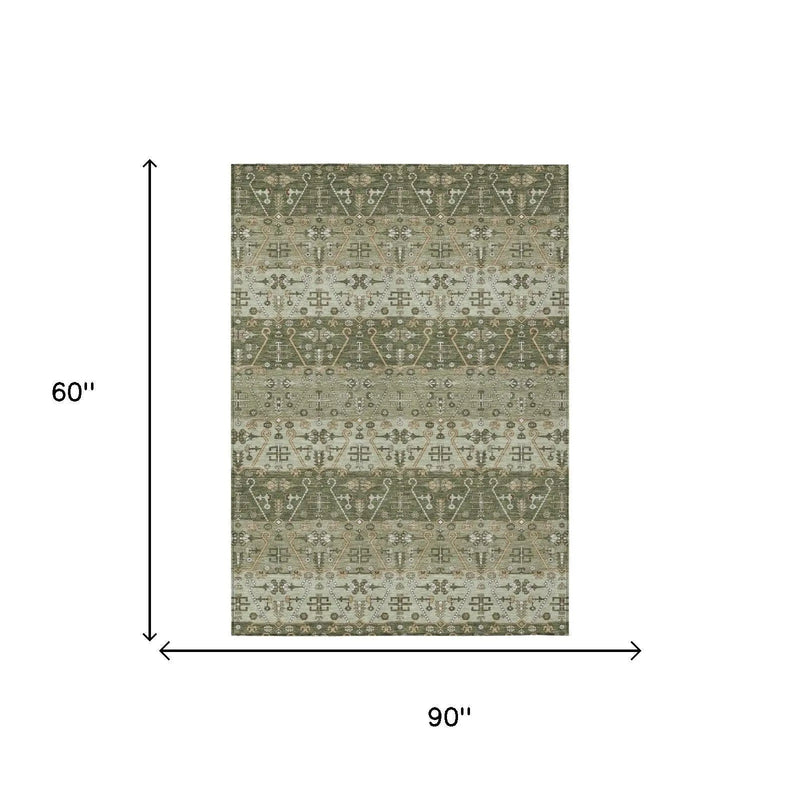 5' X 8' Olive Green And Green Oriental Washable Indoor Outdoor Area Rug Homeroots Outdoor