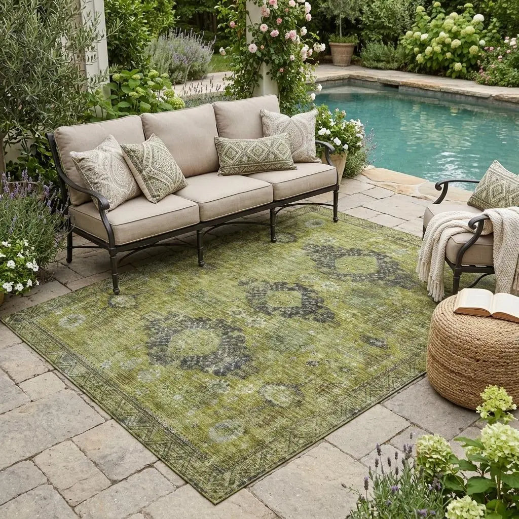 5' X 8' Olive Green And Green Oriental Washable Indoor Outdoor Area Rug Homeroots Outdoor