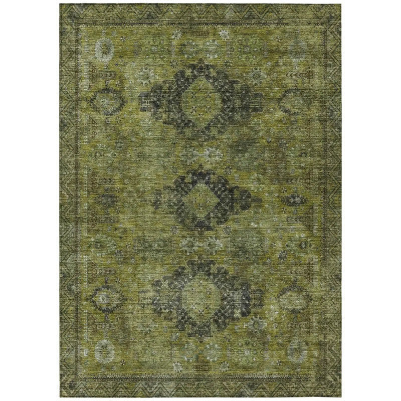 5' X 8' Olive Green And Green Oriental Washable Indoor Outdoor Area Rug Homeroots Outdoor