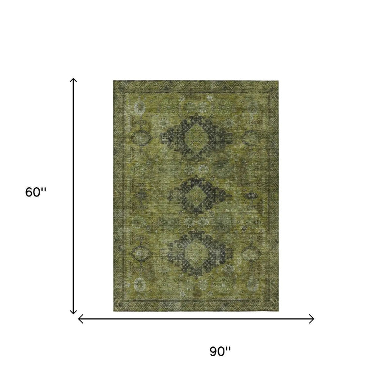 5' X 8' Olive Green And Green Oriental Washable Indoor Outdoor Area Rug Homeroots Outdoor