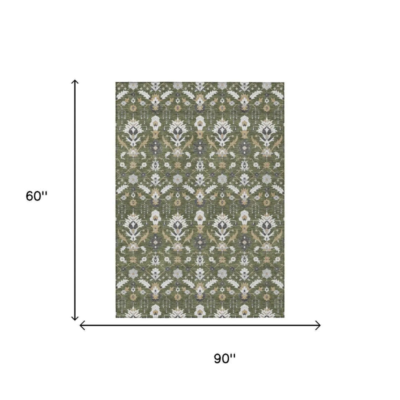 5' X 8' Olive Green And Green Oriental Washable Indoor Outdoor Area Rug Homeroots Outdoor