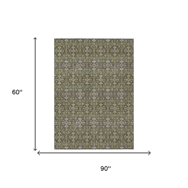 5' X 8' Olive Green And Green Striped Washable Indoor Outdoor Area Rug Homeroots Outdoor