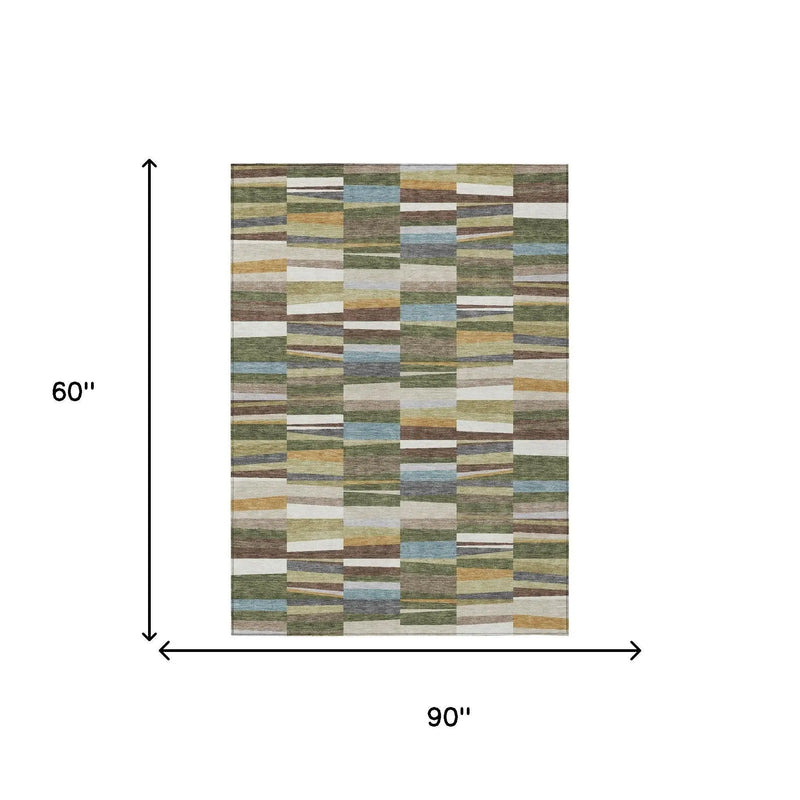 5' X 8' Olive Green And Green Striped Washable Indoor Outdoor Area Rug Homeroots Outdoor