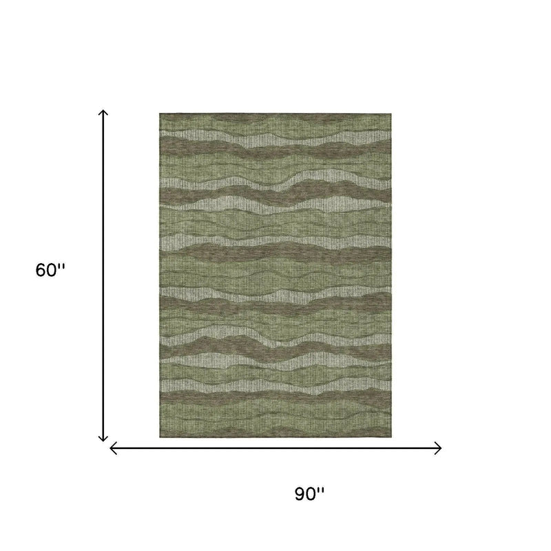 5' X 8' Olive Green And Green Striped Washable Indoor Outdoor Area Rug Homeroots Outdoor