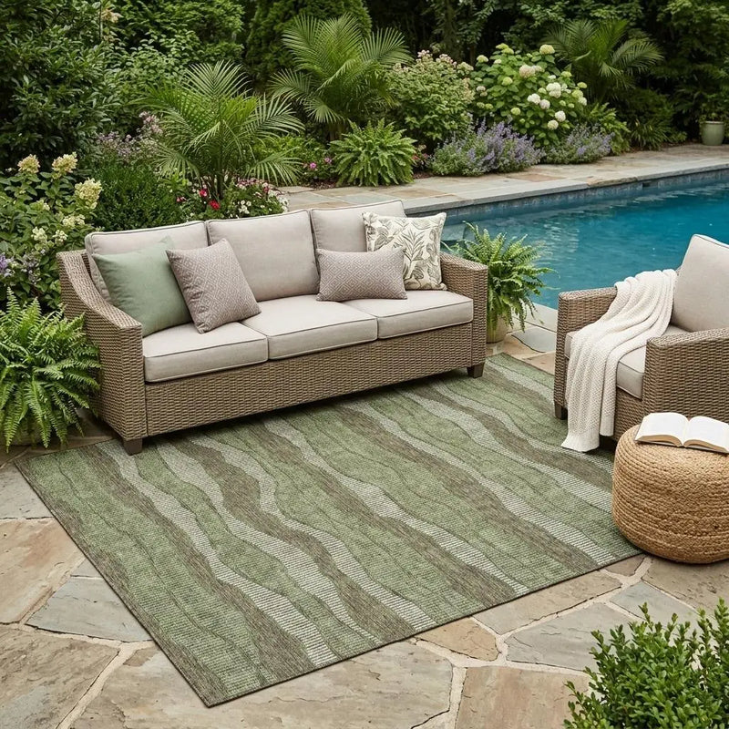 5' X 8' Olive Green And Green Striped Washable Indoor Outdoor Area Rug Homeroots Outdoor