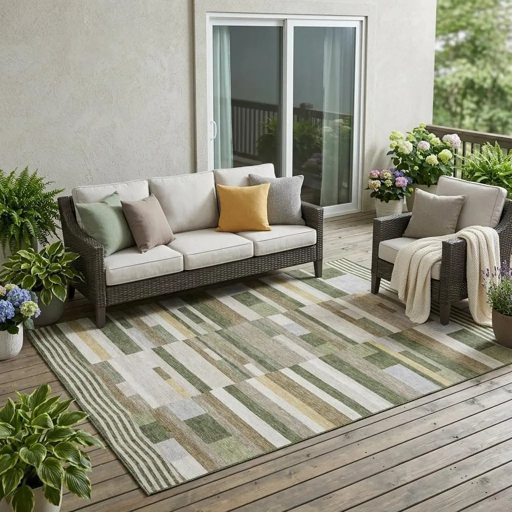 5' X 8' Olive Green And Green Striped Washable Indoor Outdoor Area Rug Homeroots Outdoor
