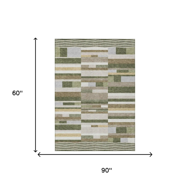 5' X 8' Olive Green And Green Striped Washable Indoor Outdoor Area Rug Homeroots Outdoor