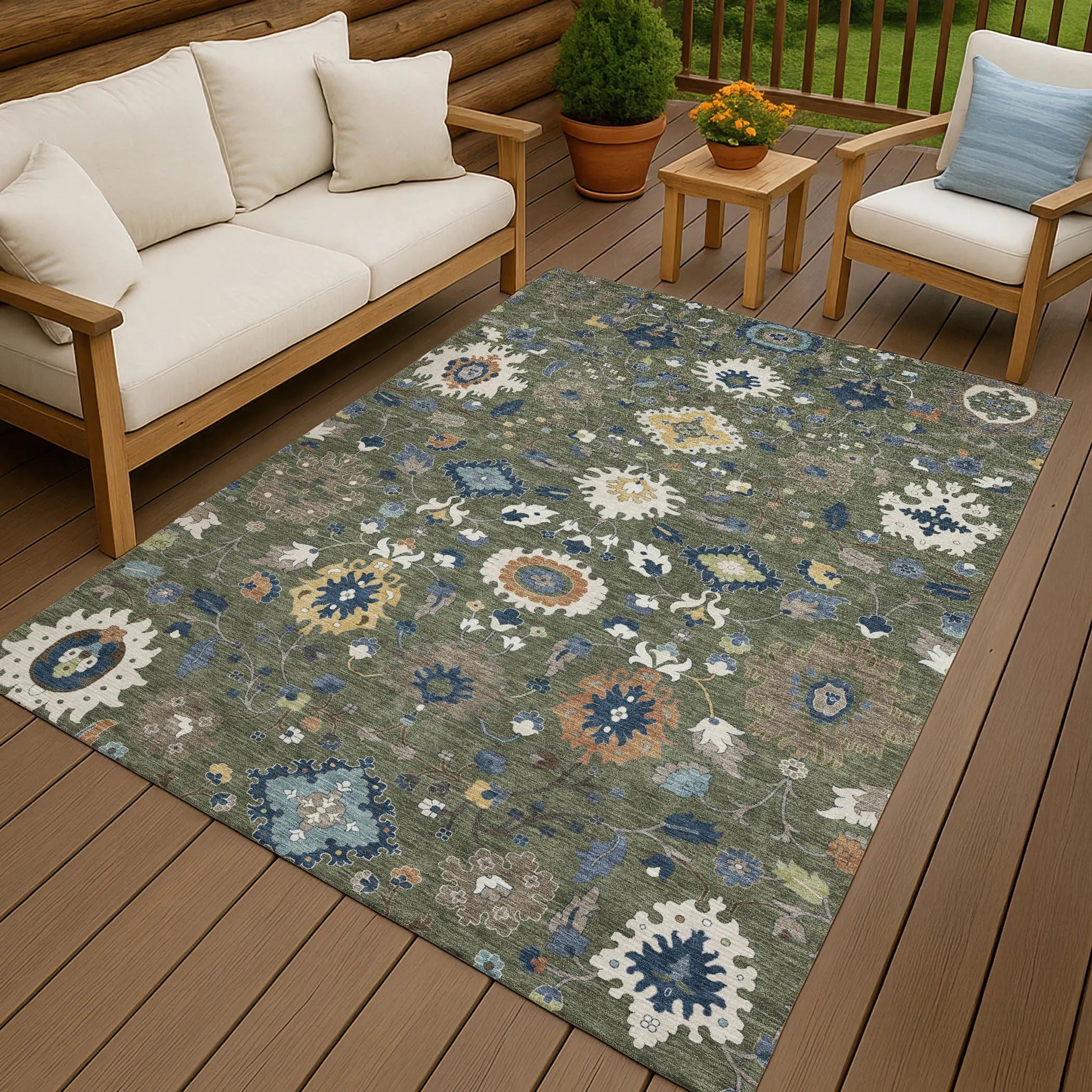 5' X 8' Olive Green And Ivory Floral Medallion Washable Indoor Outdoor Area Rug Homeroots Outdoor