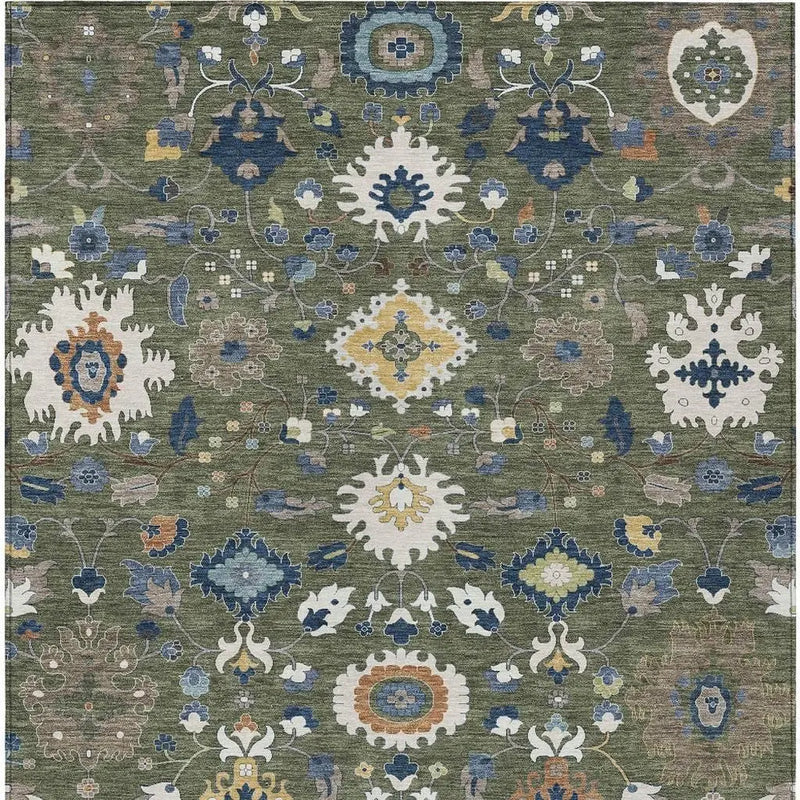 5' X 8' Olive Green And Ivory Floral Medallion Washable Indoor Outdoor Area Rug Homeroots Outdoor