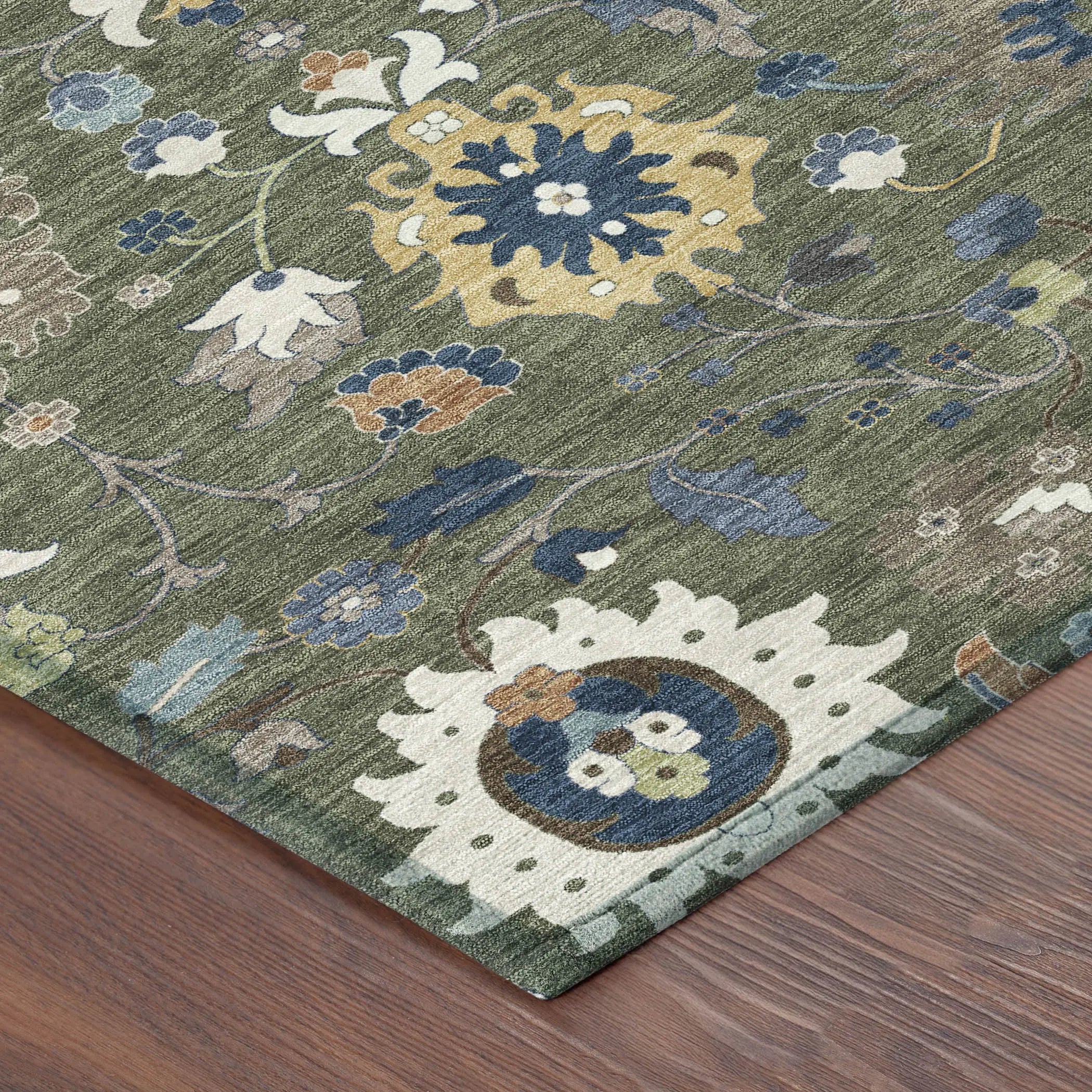 5' X 8' Olive Green And Ivory Floral Medallion Washable Indoor Outdoor Area Rug Homeroots Outdoor