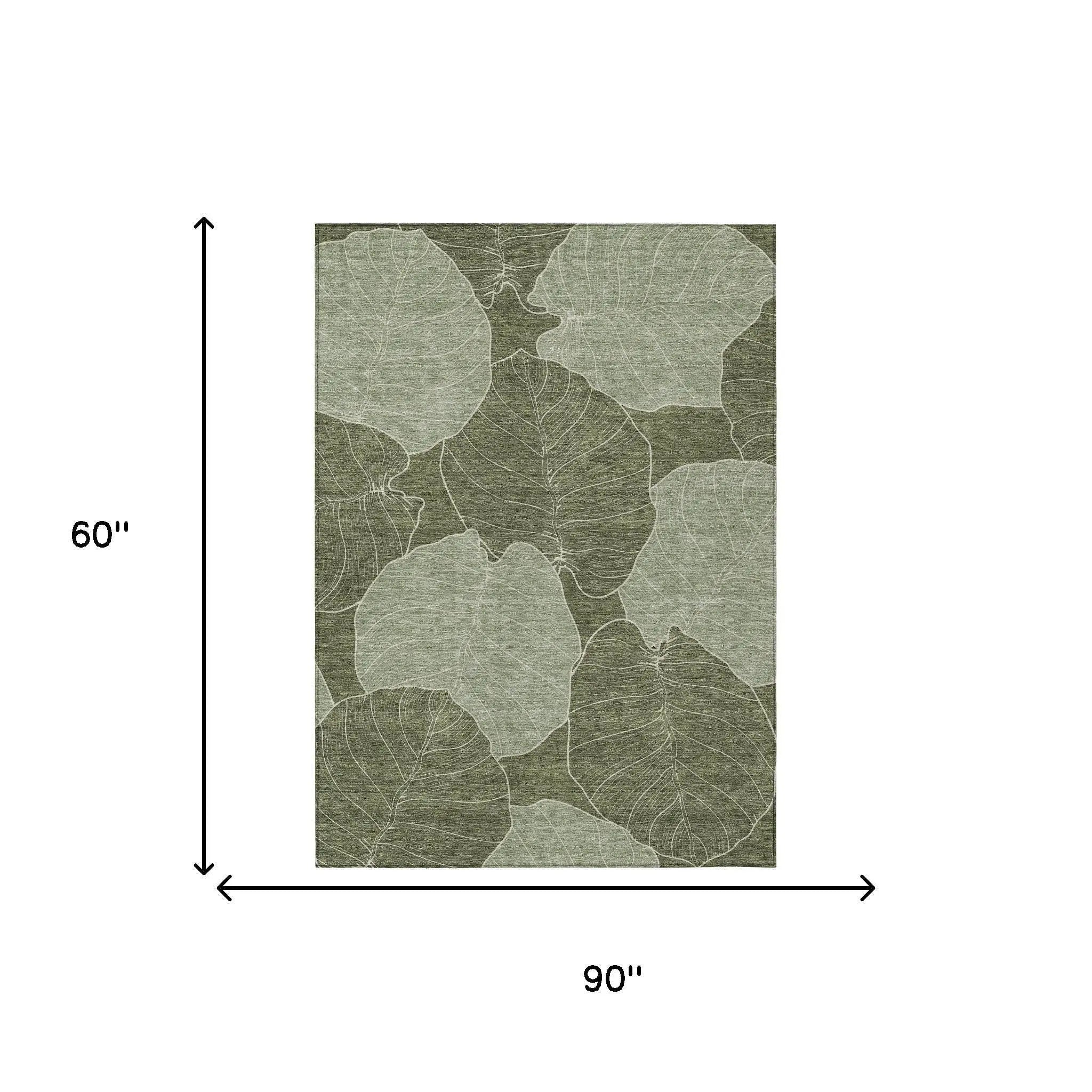 5' X 8' Olive Green And Ivory Floral Washable Indoor Outdoor Area Rug Homeroots Outdoor