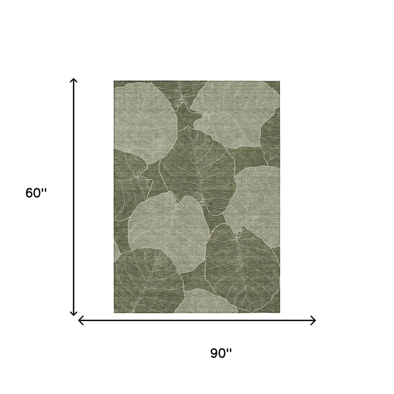 5' X 8' Olive Green And Ivory Floral Washable Indoor Outdoor Area Rug Homeroots Outdoor