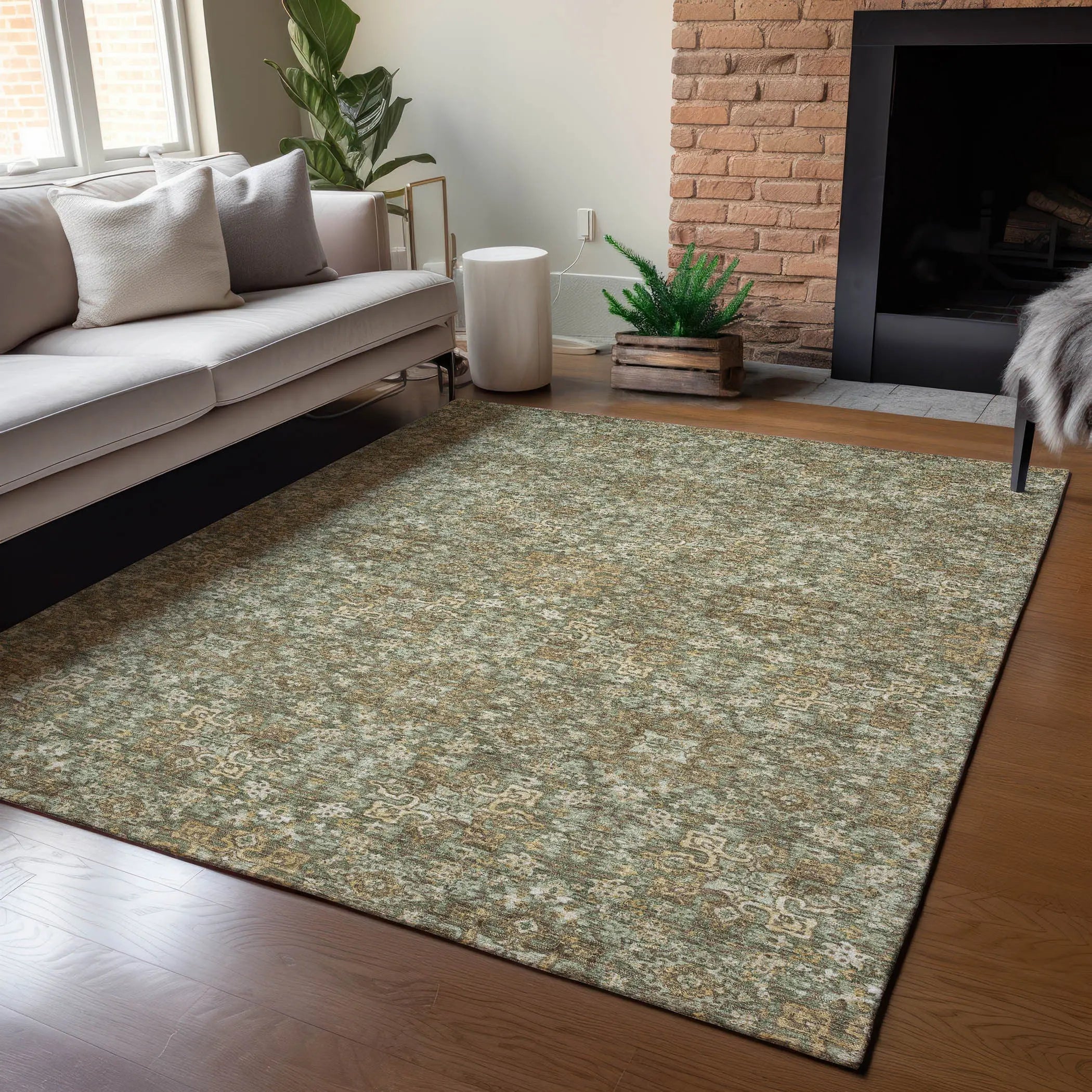 5' X 8' Olive Green And Ivory Oriental Washable Indoor Outdoor Area Rug Homeroots Outdoor