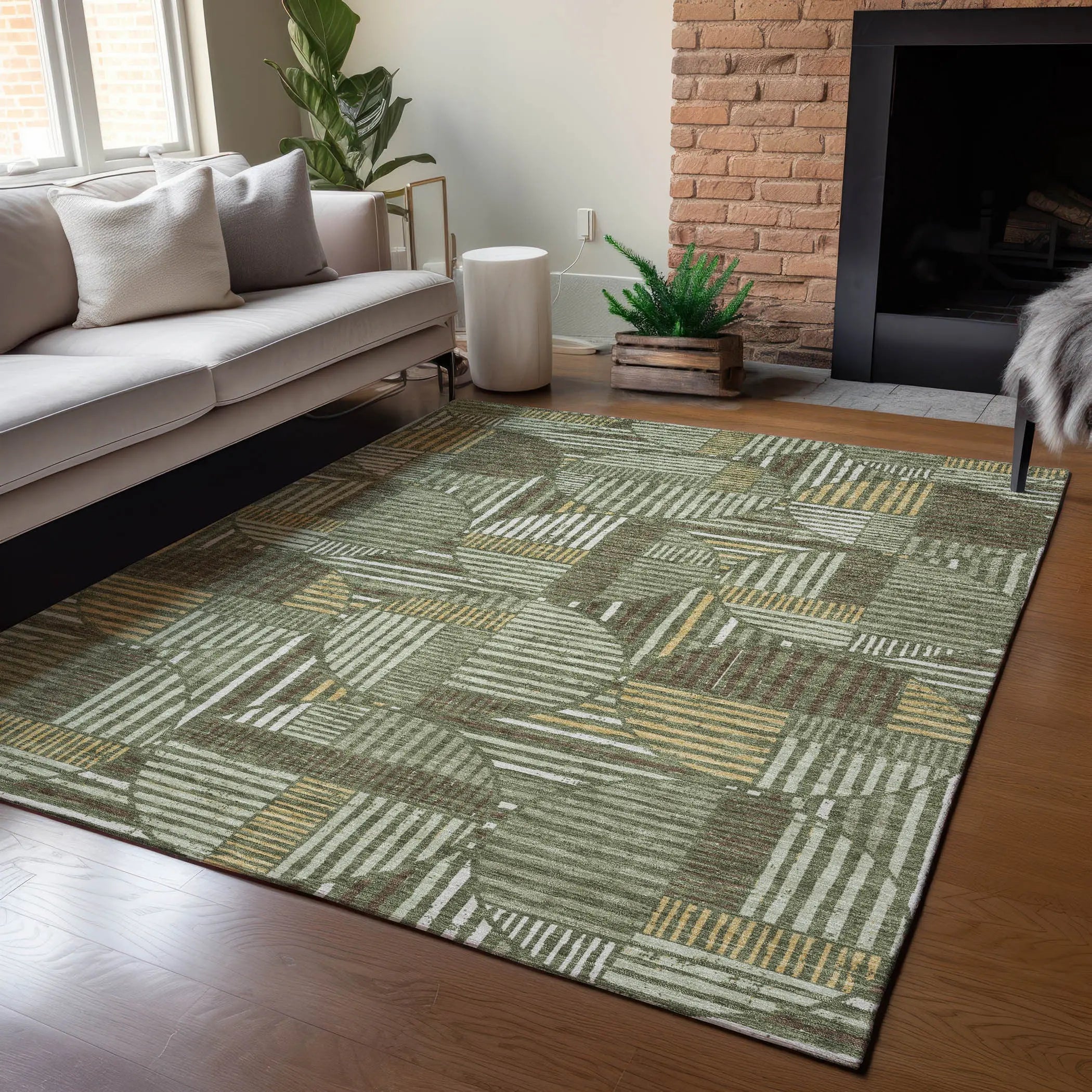 5' X 8' Olive Green And Khaki Geometric Washable Indoor Outdoor Area Rug Homeroots Outdoor