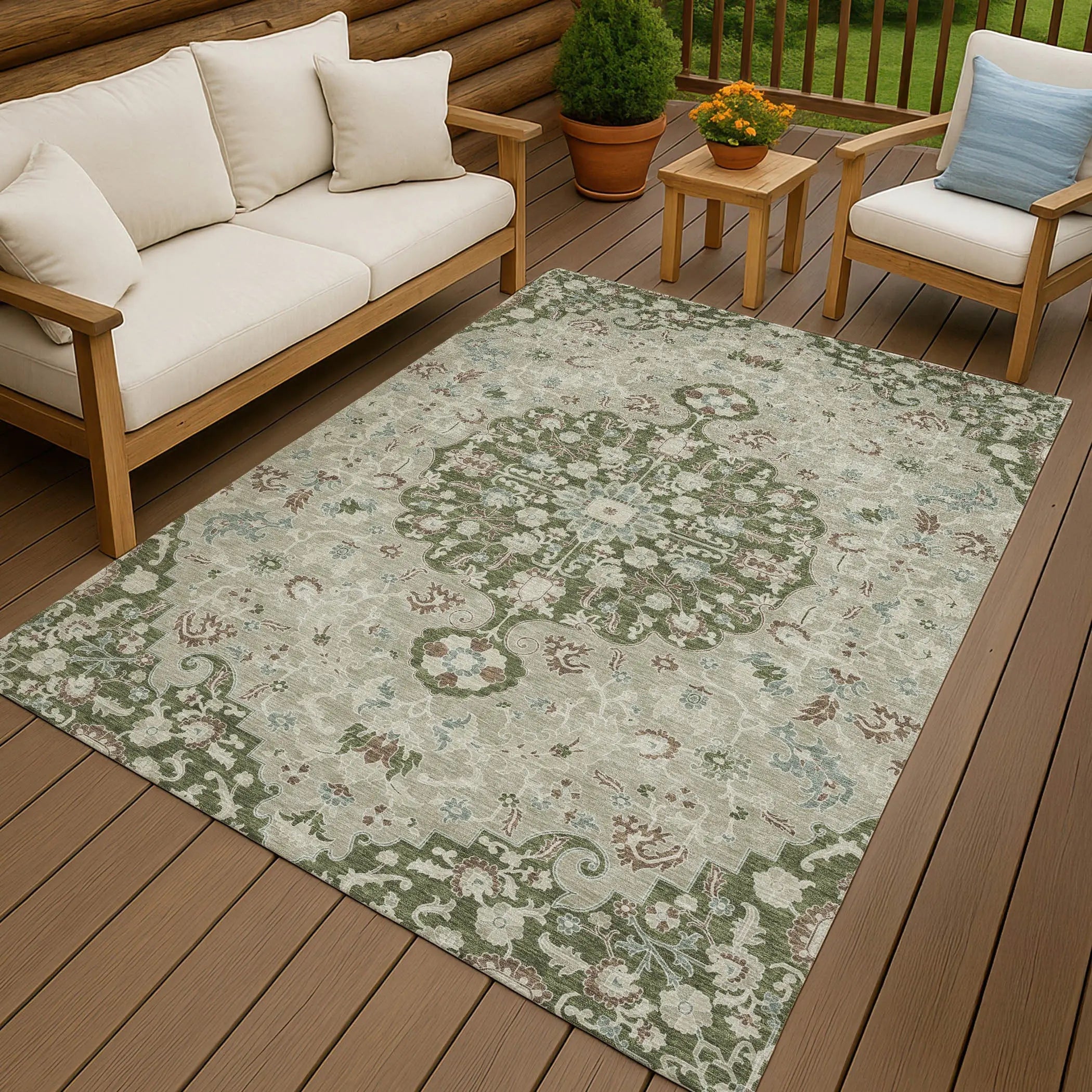 5' X 8' Olive Green And Sage Floral Medallion Washable Indoor Outdoor Area Rug Homeroots Outdoor