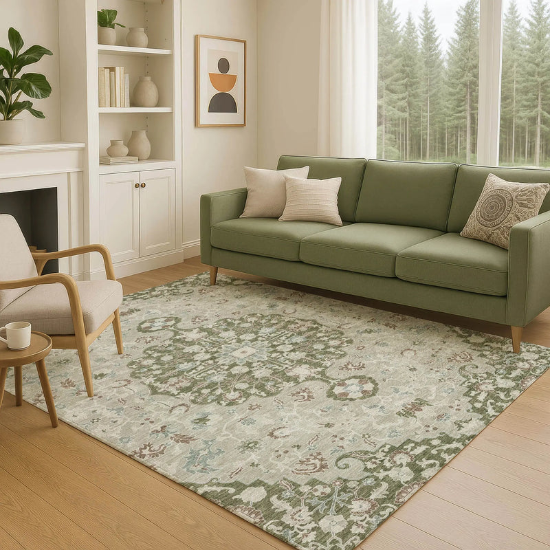 5' X 8' Olive Green And Sage Floral Medallion Washable Indoor Outdoor Area Rug Homeroots Outdoor