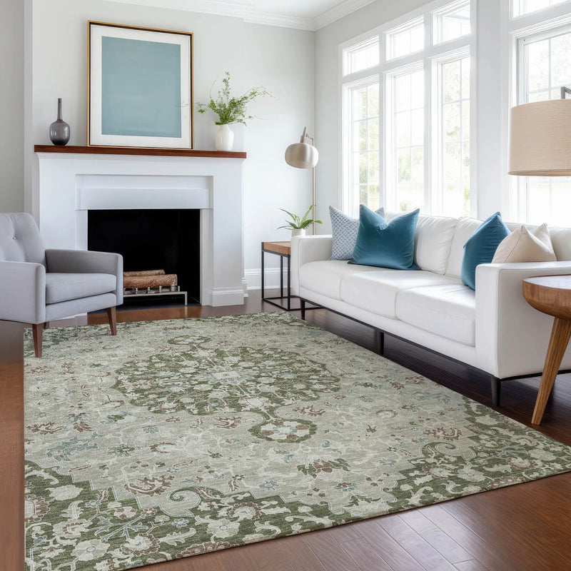 5' X 8' Olive Green And Sage Floral Medallion Washable Indoor Outdoor Area Rug Homeroots Outdoor