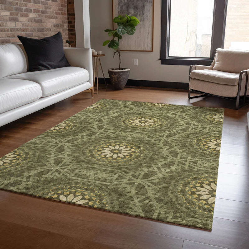 5' X 8' Olive Green Artichoke Green And Gold Floral Medallion Washable Indoor Outdoor Area Rug Homeroots Outdoor