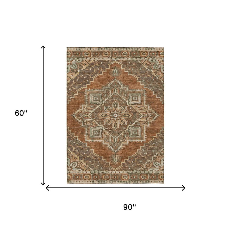 5' X 8' Orange And Aqua Oriental Washable Indoor Outdoor Area Rug Homeroots Outdoor