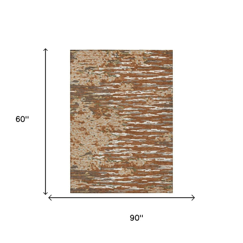5' X 8' Orange And Beige Abstract Washable Indoor Outdoor Area Rug Homeroots Outdoor