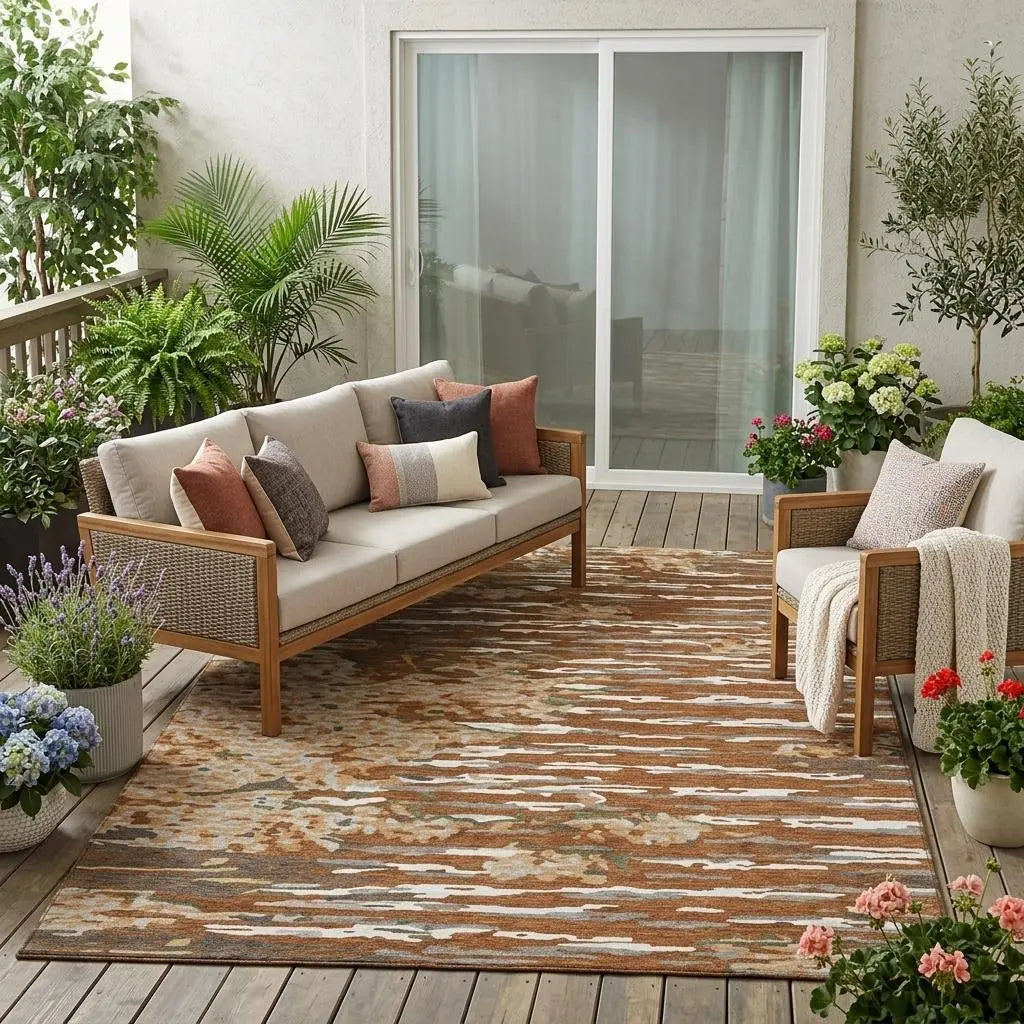 5' X 8' Orange And Beige Abstract Washable Indoor Outdoor Area Rug Homeroots Outdoor