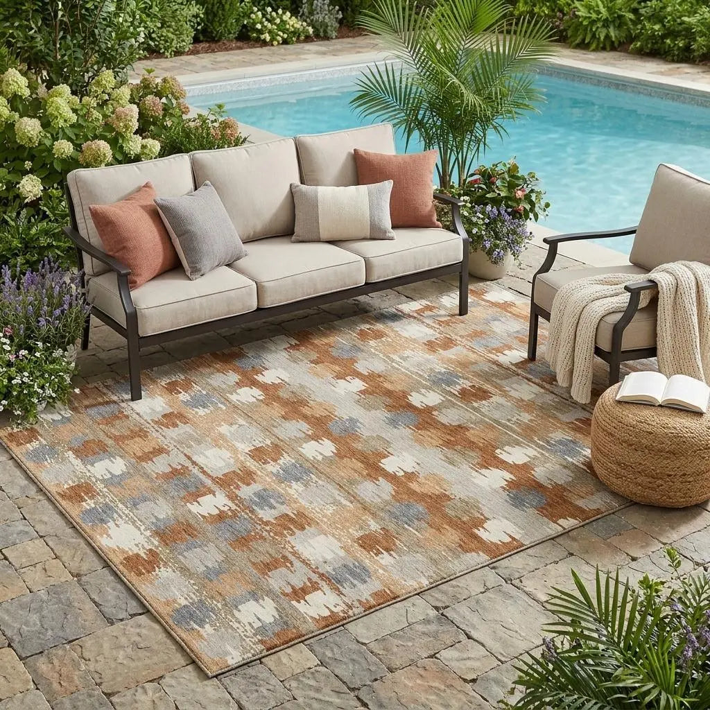 5' X 8' Orange And Beige Abstract Washable Indoor Outdoor Area Rug Homeroots Outdoor