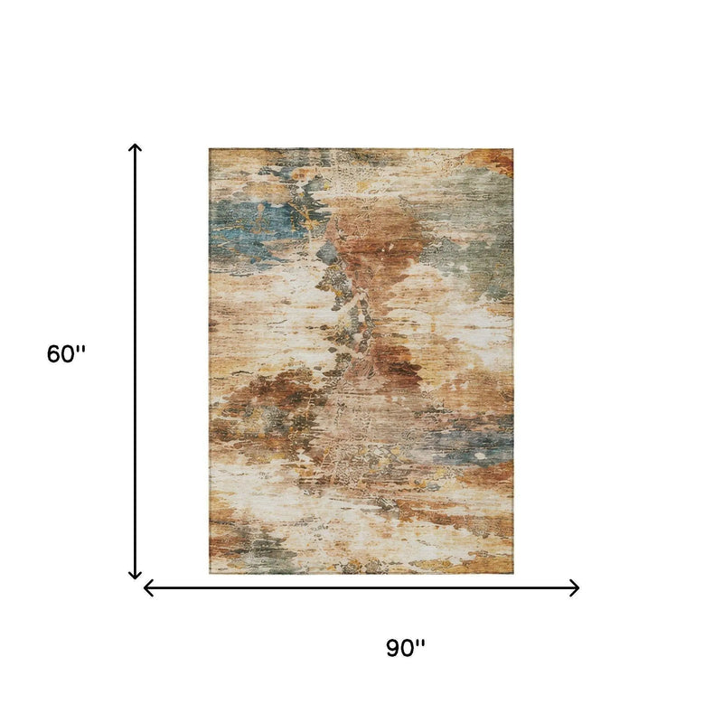 5' X 8' Orange And Beige Abstract Washable Indoor Outdoor Area Rug Homeroots Outdoor