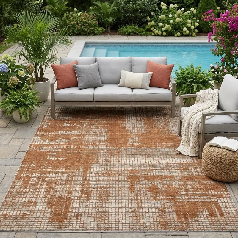 5' X 8' Orange And Beige Abstract Washable Indoor Outdoor Area Rug Homeroots Outdoor