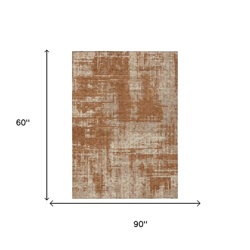 5' X 8' Orange And Beige Abstract Washable Indoor Outdoor Area Rug Homeroots Outdoor