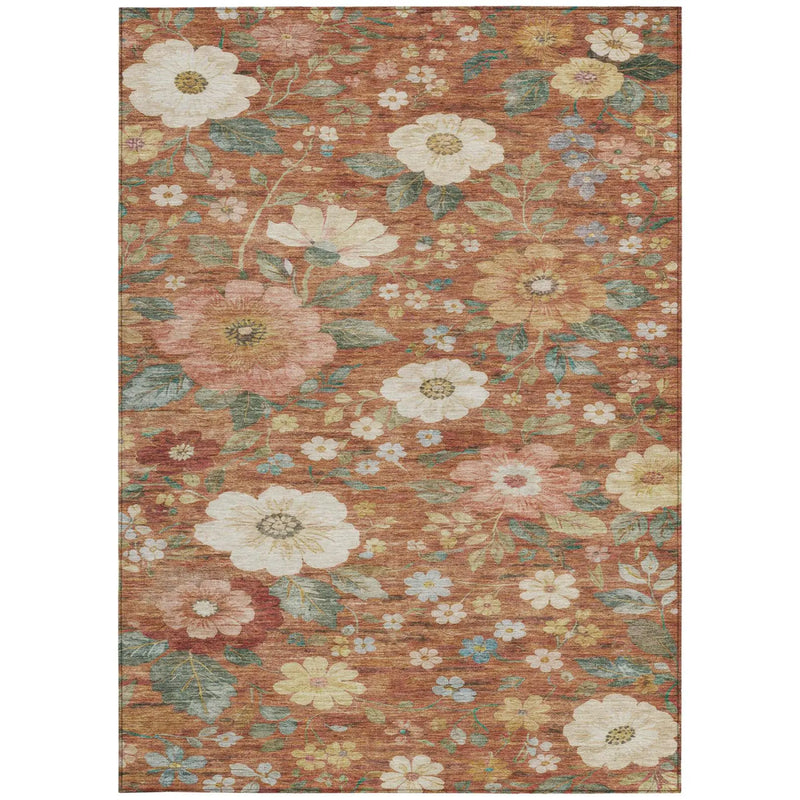 5' X 8' Orange And Beige Floral Washable Indoor Outdoor Area Rug Homeroots Outdoor