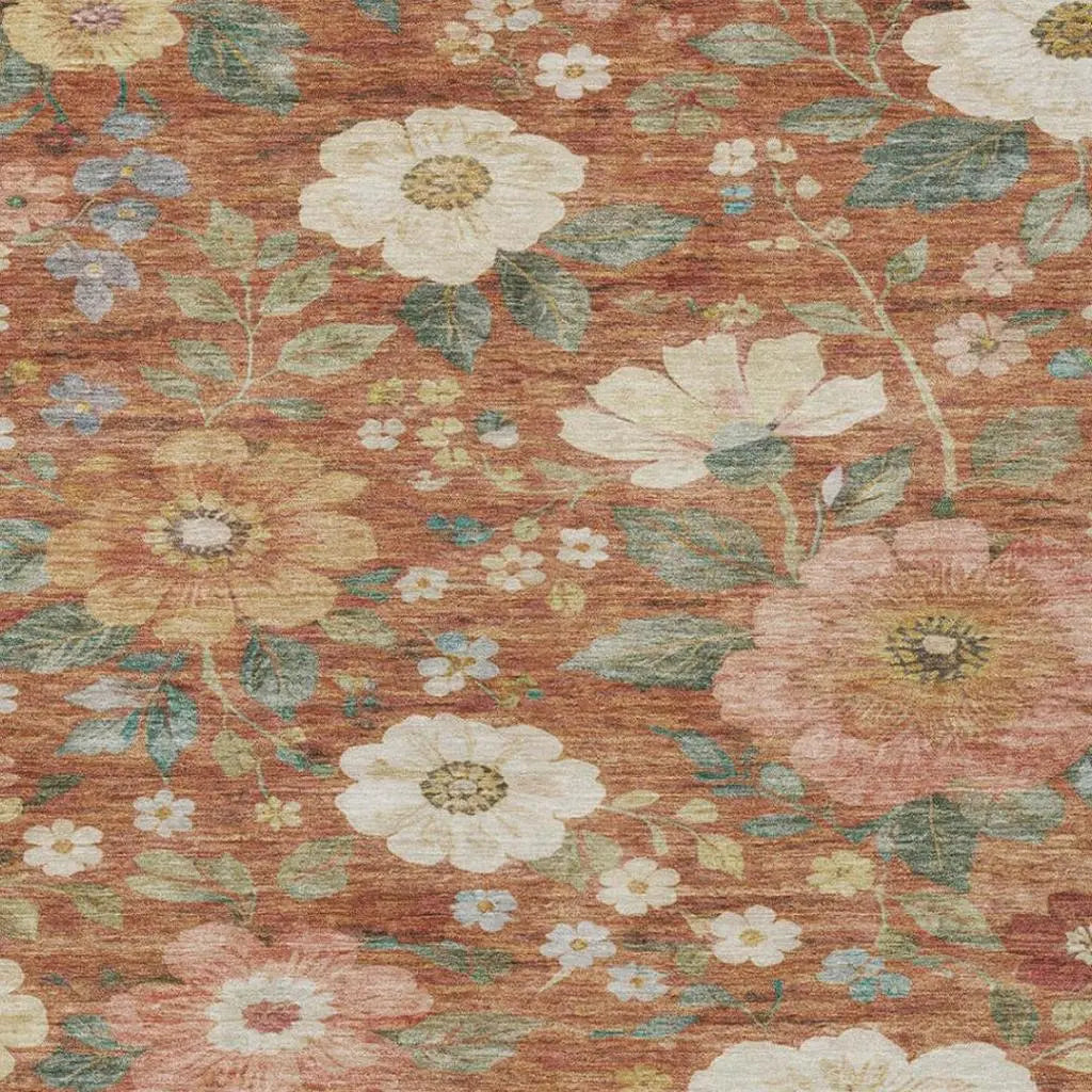 5' X 8' Orange And Beige Floral Washable Indoor Outdoor Area Rug Homeroots Outdoor
