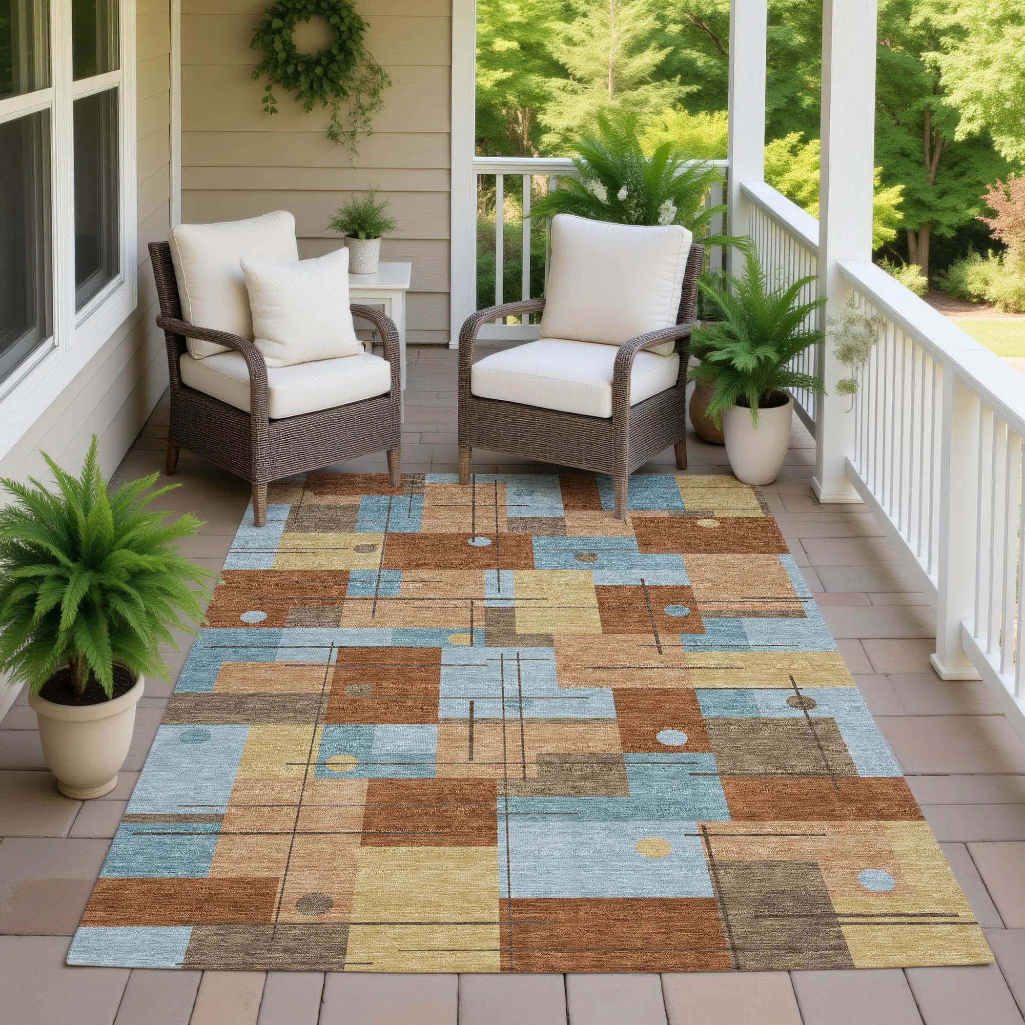 5' X 8' Orange And Beige Geometric Washable Indoor Outdoor Area Rug Homeroots Outdoor