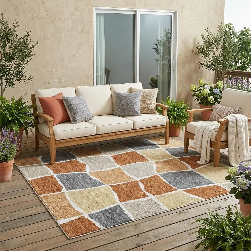 5' X 8' Orange And Beige Geometric Washable Indoor Outdoor Area Rug Homeroots Outdoor