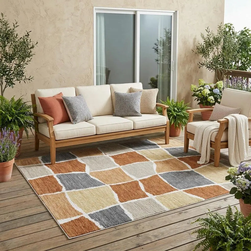 5' X 8' Orange And Beige Geometric Washable Indoor Outdoor Area Rug Homeroots Outdoor