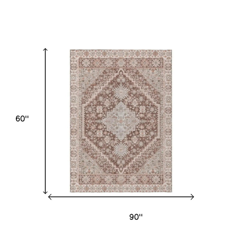 5' X 8' Orange And Beige Oriental Washable Indoor Outdoor Area Rug Homeroots Outdoor
